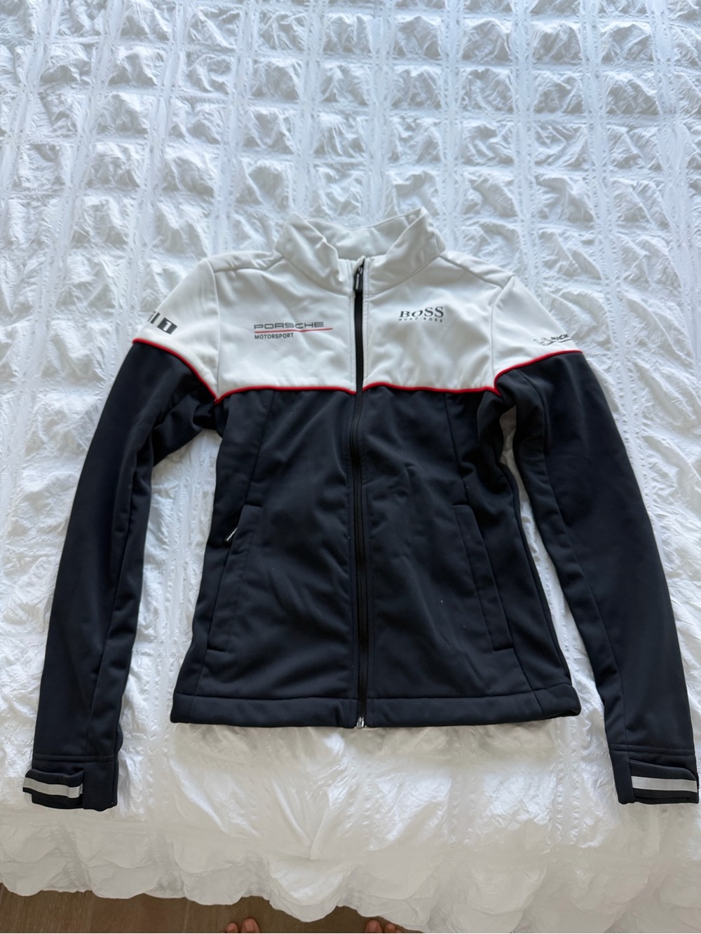 Porsche Design Black and White Women's Motorsport Bomber Jacket with Red Trim
